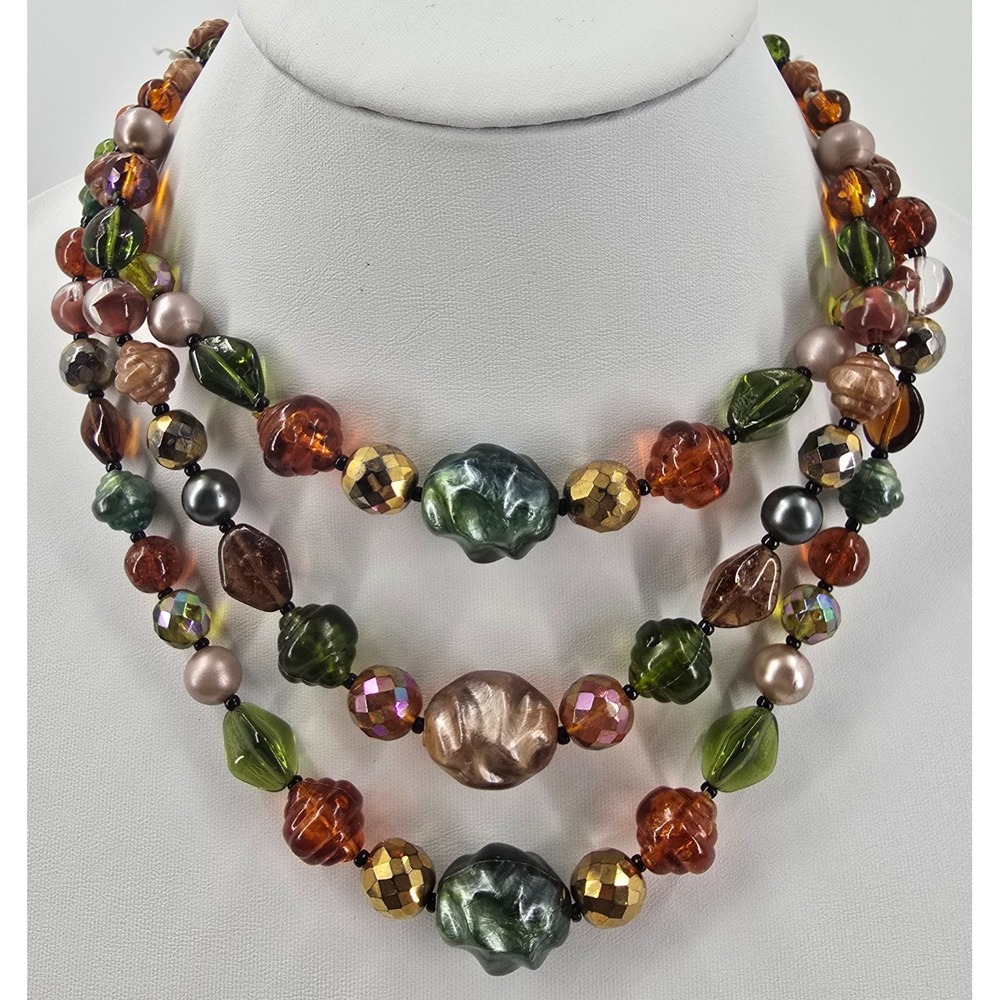 Vintage Germany Beaded Necklace Green Orange Triple Givre Glass Acrylic Bead